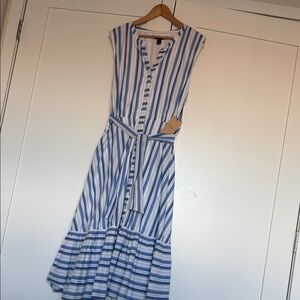 Light Blue & White Striped Sleeveless long dress button down with side pockets